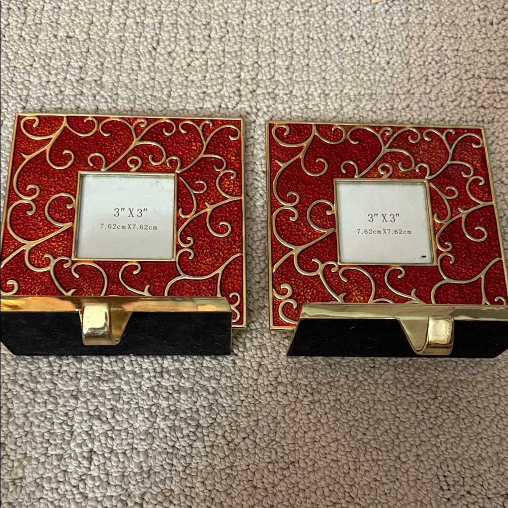 BUNDLE IF 2 Elegant Red and Gold Stocking Holder Photo Frame Set